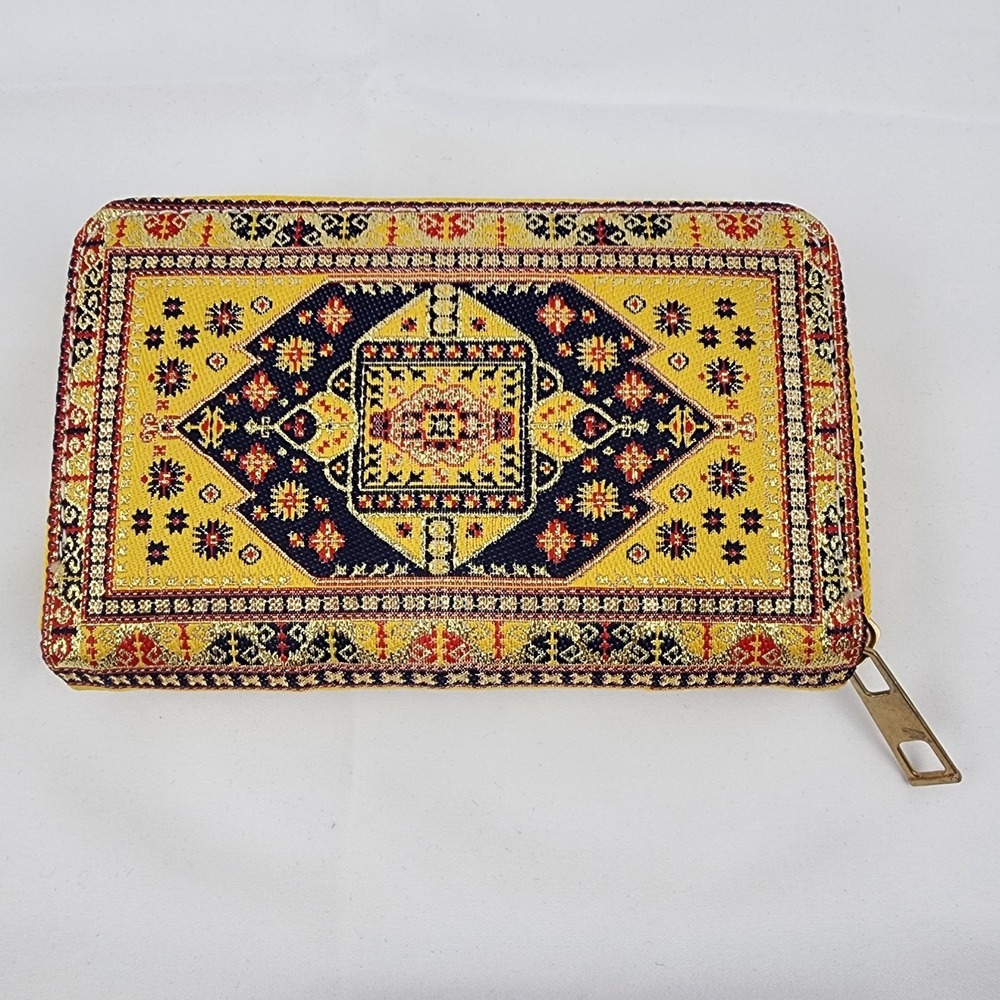 Oriental Carpet Purse Clutch Zipper‎ Yellow Red Black 4 Compartments Plus Coin